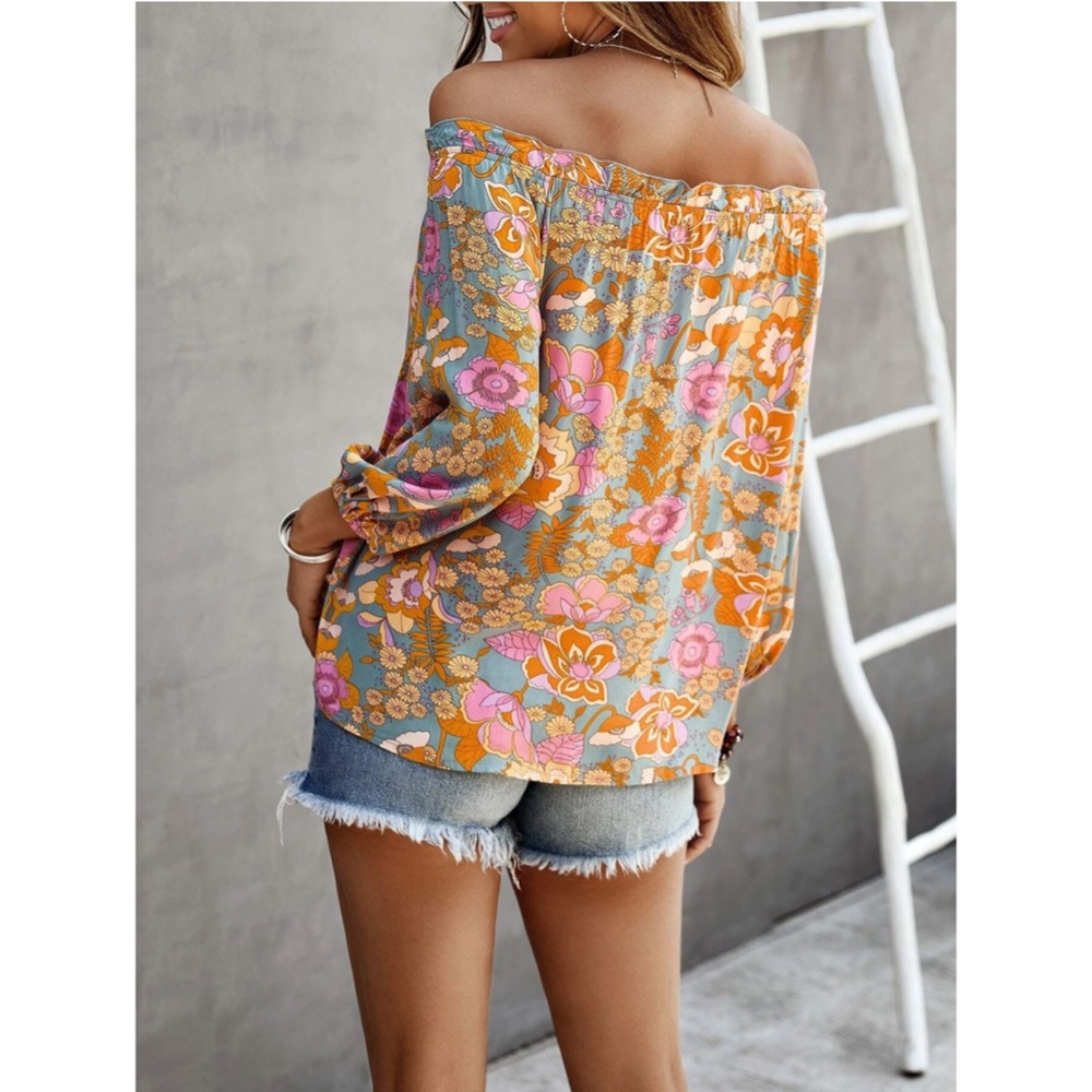 Off The Shoulder Floral Print Boho Top Long Bishop Sleeves Relaxed - Picture 3 of 5